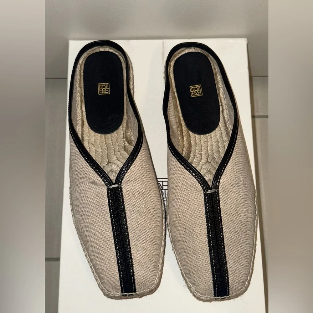Toteme Canvas Espadrilles Slippers, 39, Beige Black